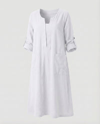 Leonie Linen Dress with V-Neck and Pockets in White