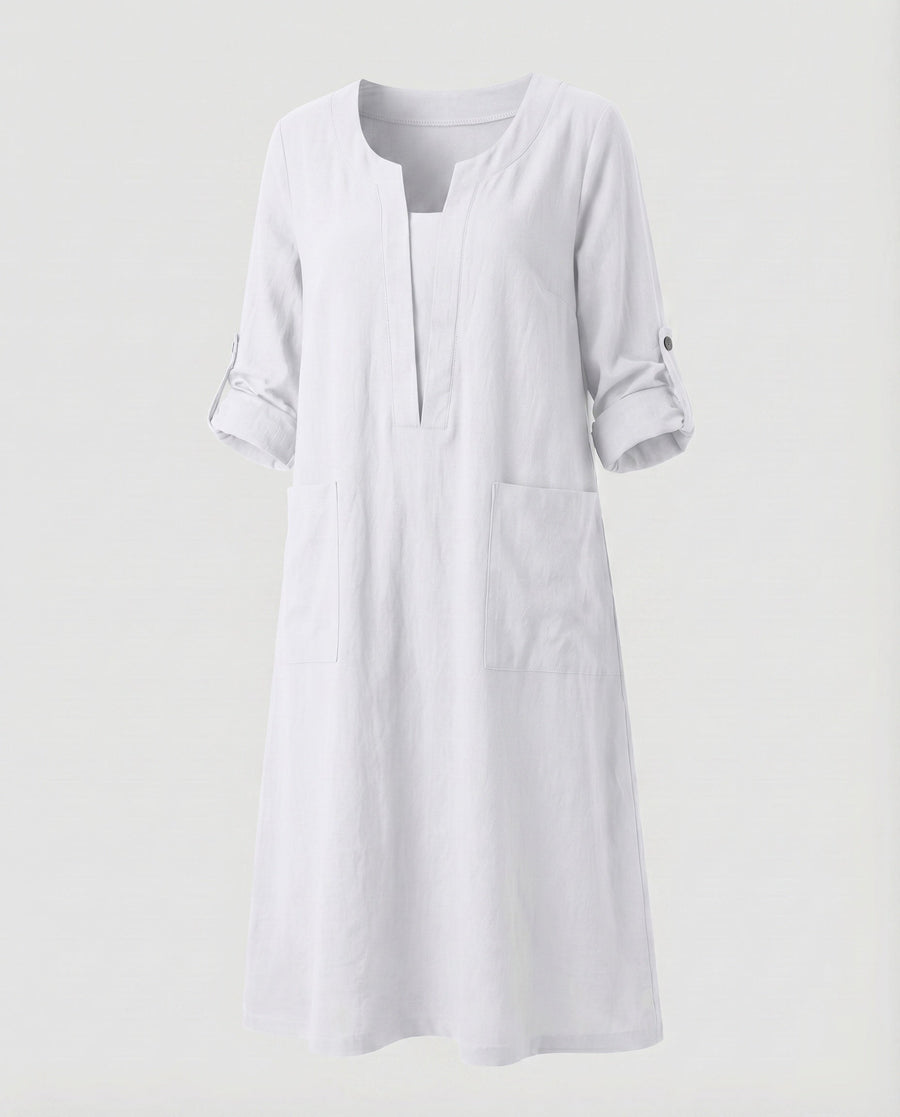 Leonie Linen Dress with V-Neck and Pockets in White