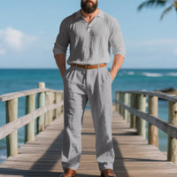 Leopold Airy Linen Shirt with V-Neck and Pleated in Grey