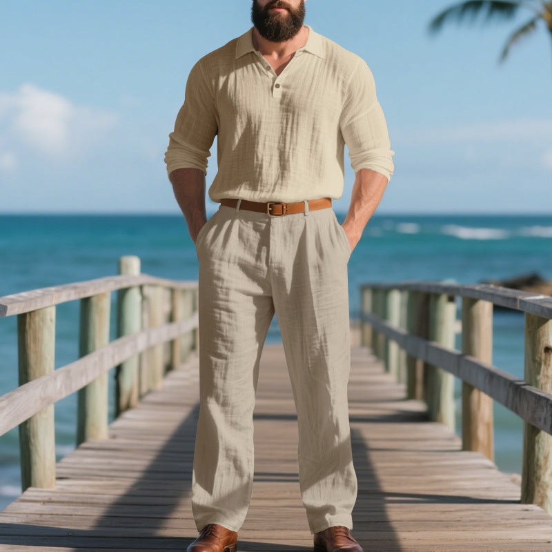 Leopold Airy Linen Shirt with V-Neck and Pleated in Khaki