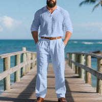 Leopold Airy Linen Shirt with V-Neck and Pleated in Light Blue