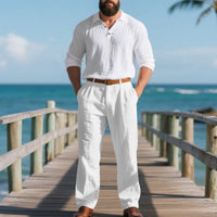 Leopold Airy Linen Shirt with V-Neck and Pleated in White