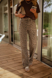 Lexi Women's High Waist Leopard Print Flare Trousers Wide Leg Pants in Brown