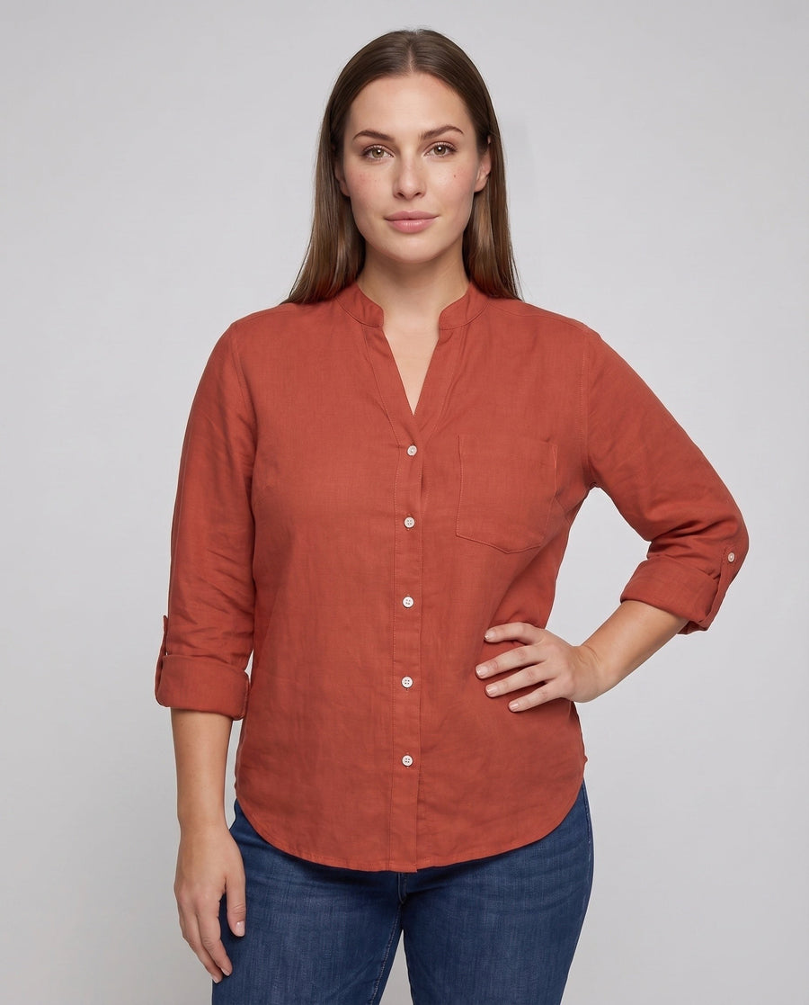 Lia Linen Blouse with Stand Collar and Chest Pocket