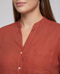 Lia Linen Blouse with Stand Collar and Chest Pocket