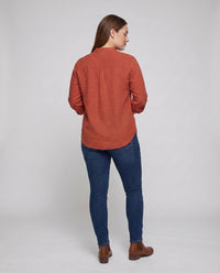Lia Linen Blouse with Stand Collar and Chest Pocket
