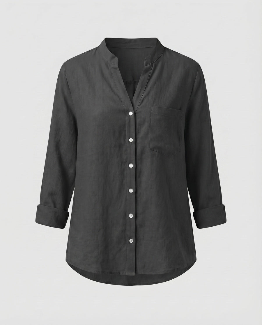 Lia Linen Blouse with Stand Collar and Chest Pocket in Black