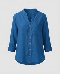 Lia Linen Blouse with Stand Collar and Chest Pocket in Blue