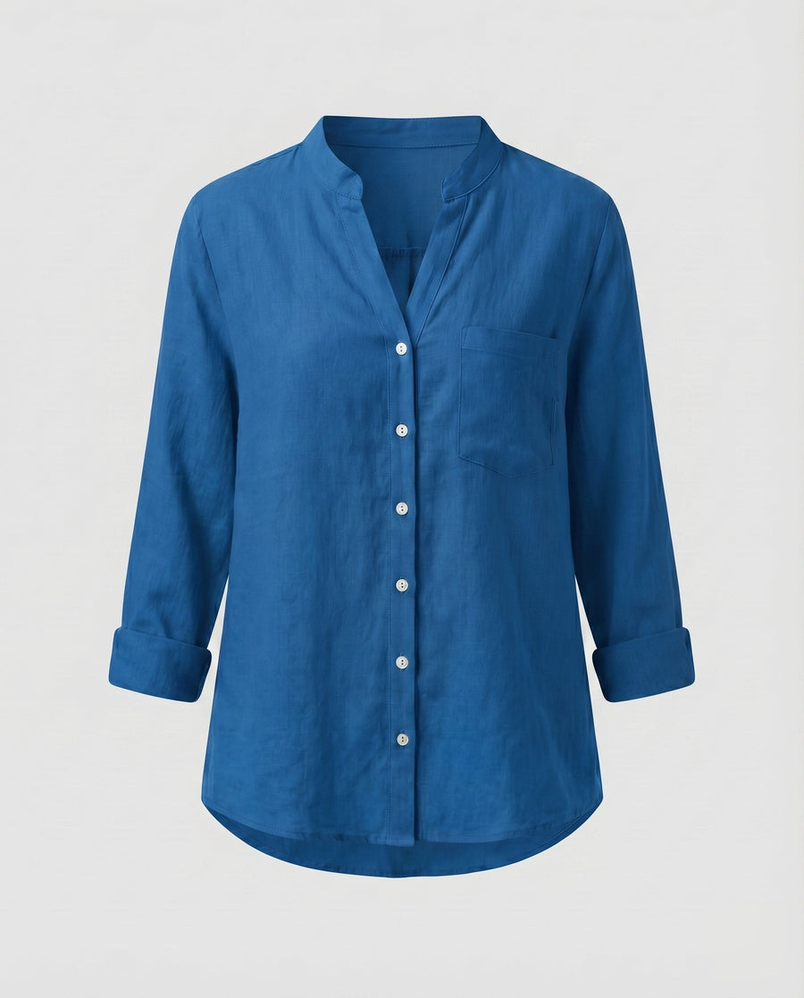 Lia Linen Blouse with Stand Collar and Chest Pocket in Blue