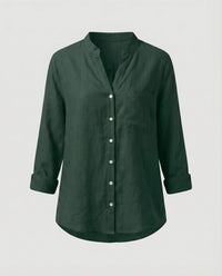 Lia Linen Blouse with Stand Collar and Chest Pocket in Green