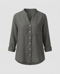 Lia Linen Blouse with Stand Collar and Chest Pocket in Grey