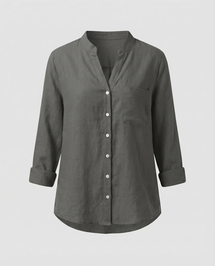 Lia Linen Blouse with Stand Collar and Chest Pocket in Grey