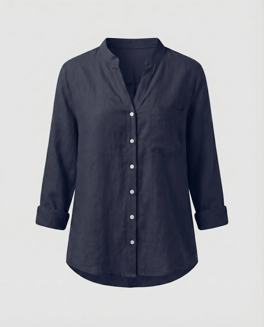 Lia Linen Blouse with Stand Collar and Chest Pocket in Navyblau