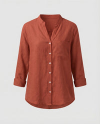Lia Linen Blouse with Stand Collar and Chest Pocket in Red