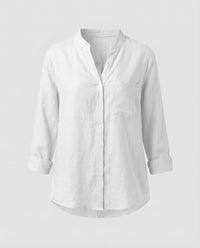 Lia Linen Blouse with Stand Collar and Chest Pocket in White