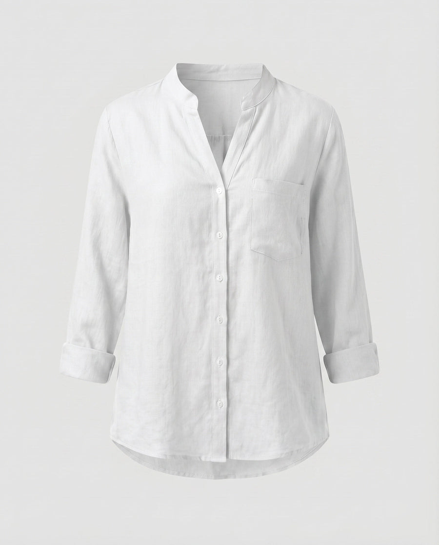 Lia Linen Blouse with Stand Collar and Chest Pocket in White