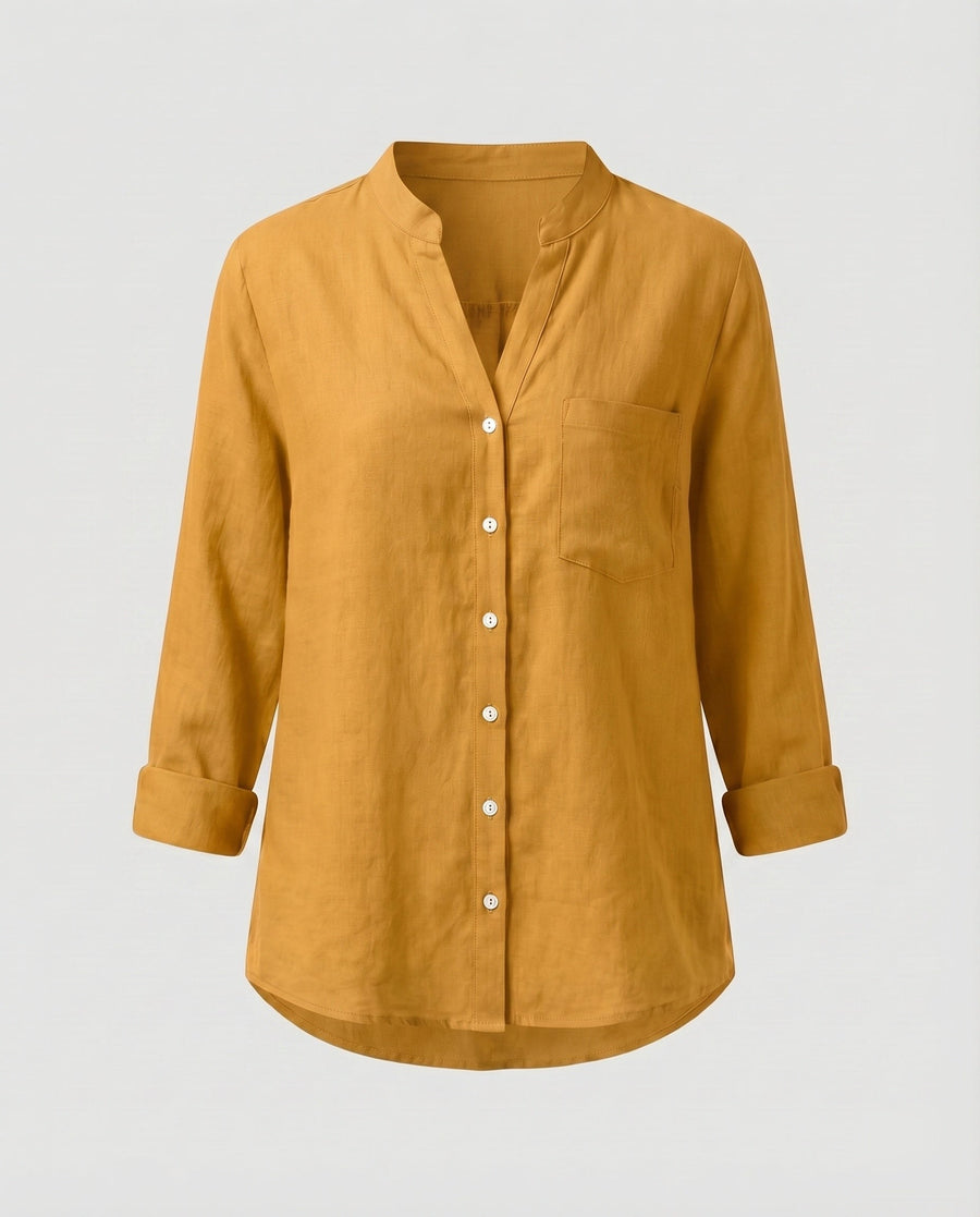 Lia Linen Blouse with Stand Collar and Chest Pocket in Yellow