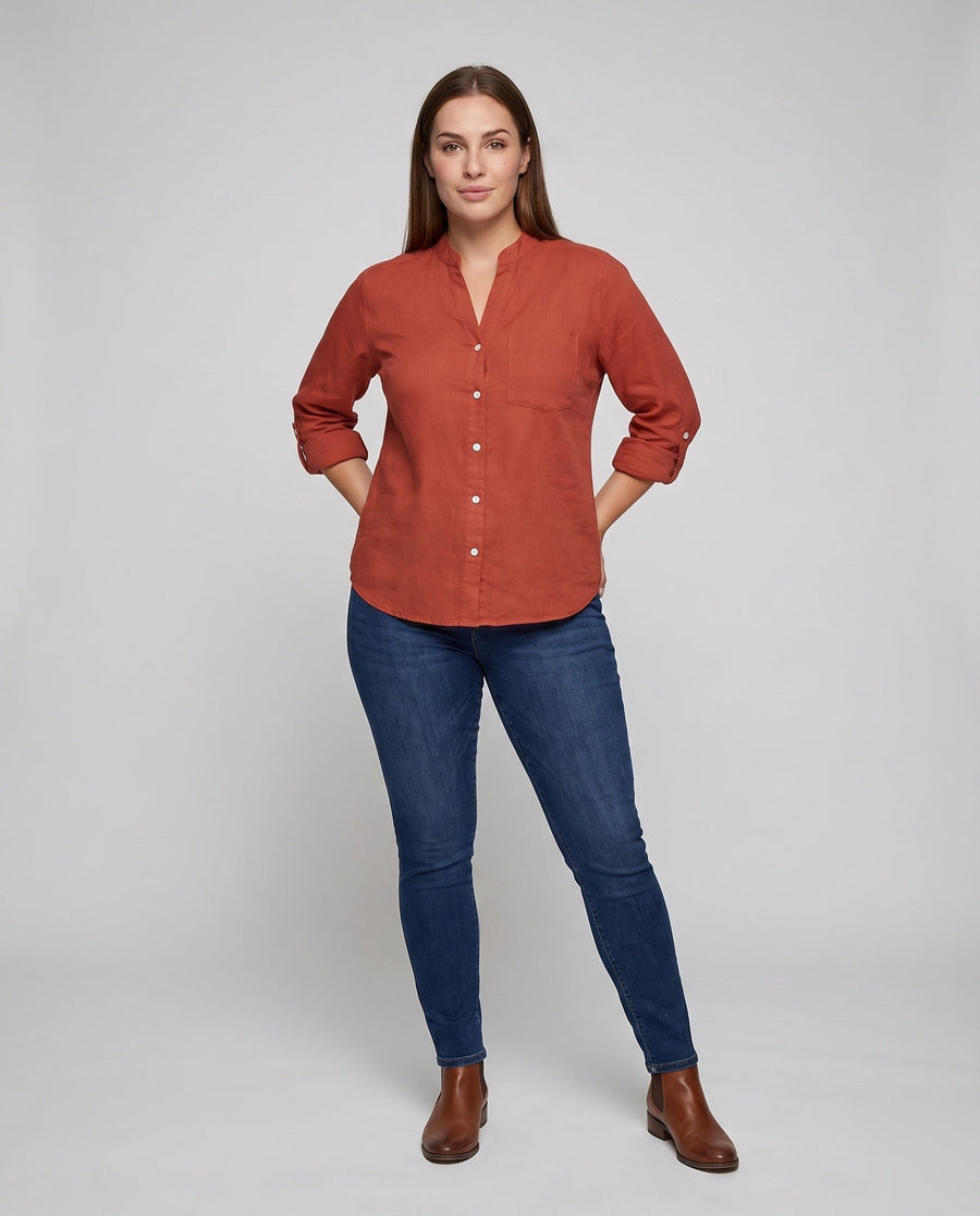 Lia Linen Blouse with Stand Collar and Chest Pocket