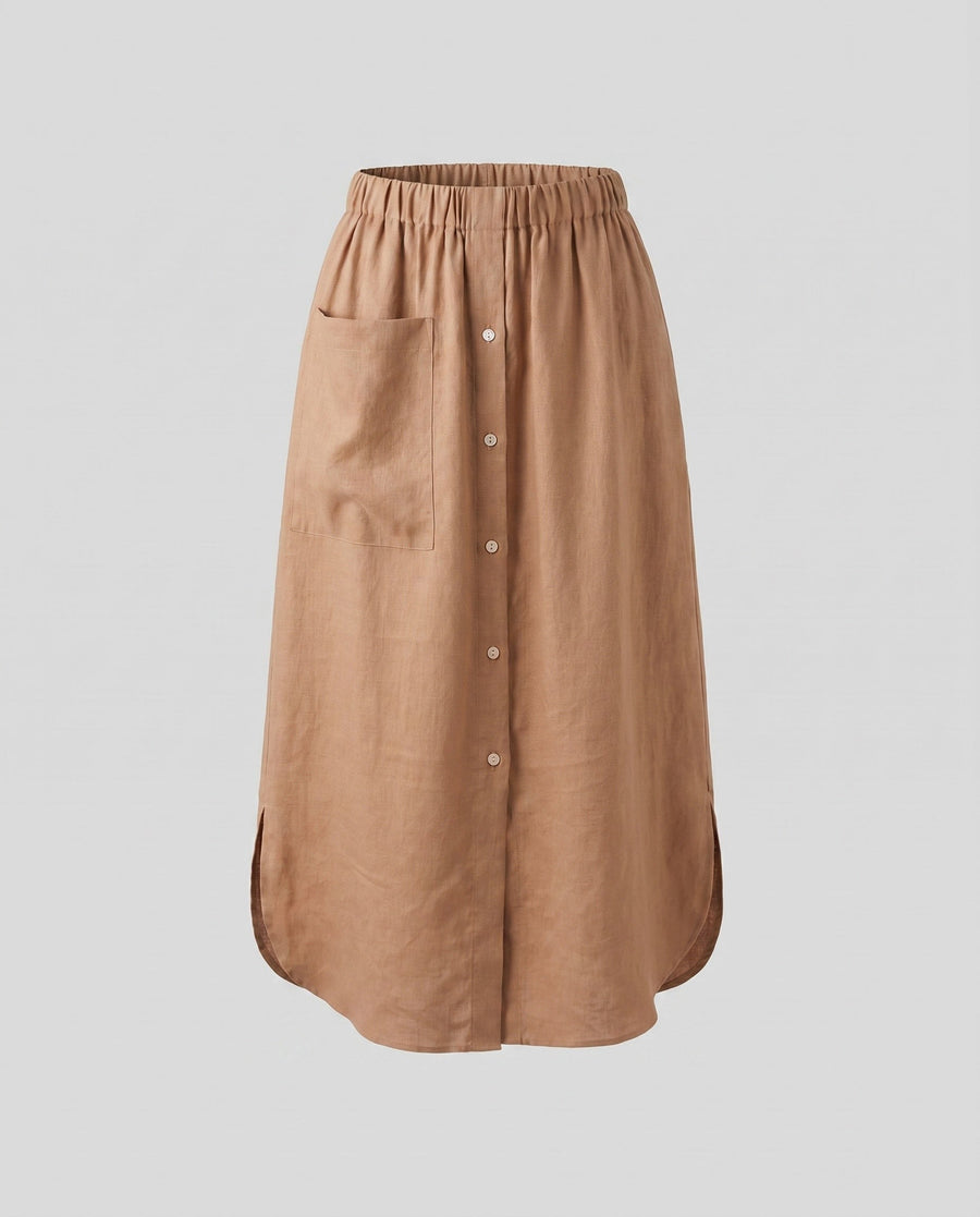 Liana Airy Linen Skirt with Button Front and Pockets in Coffee