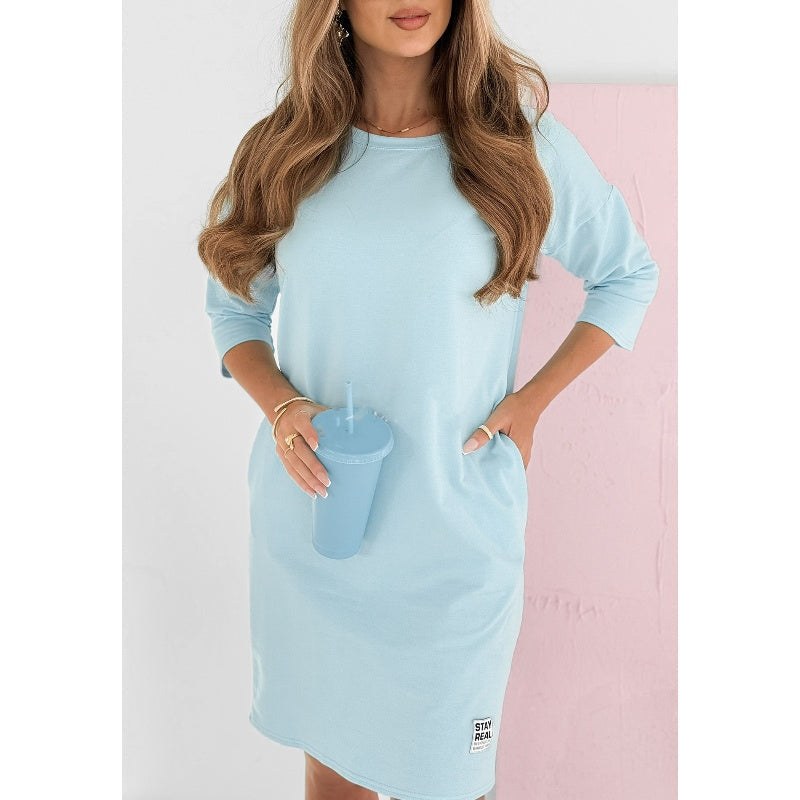 Lieka Women's Sweatshirt Dress 3/4 Sleeve Round Neck Casual Mini Dress in Blue