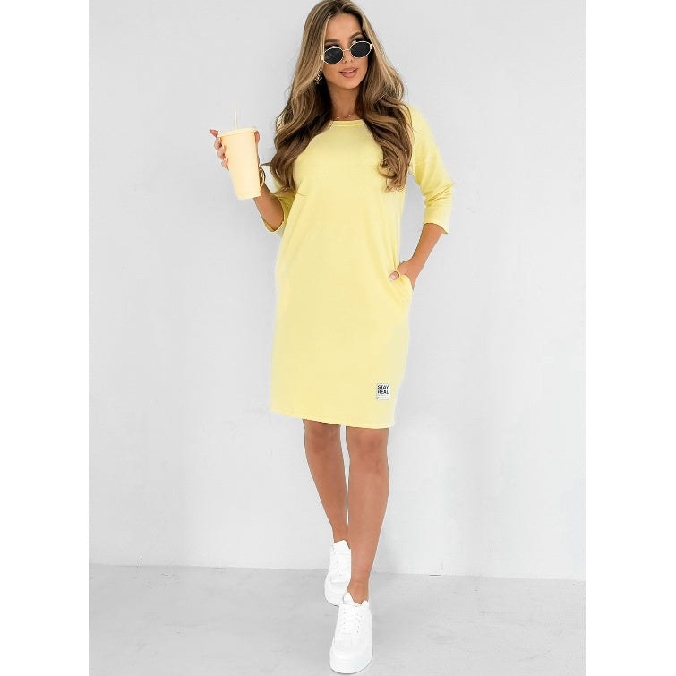 Lieka Women's Sweatshirt Dress 3/4 Sleeve Round Neck Casual Mini Dress in Yellow