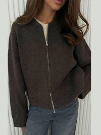 Lila Casual Knit Cardigan with Zip Front in Brown