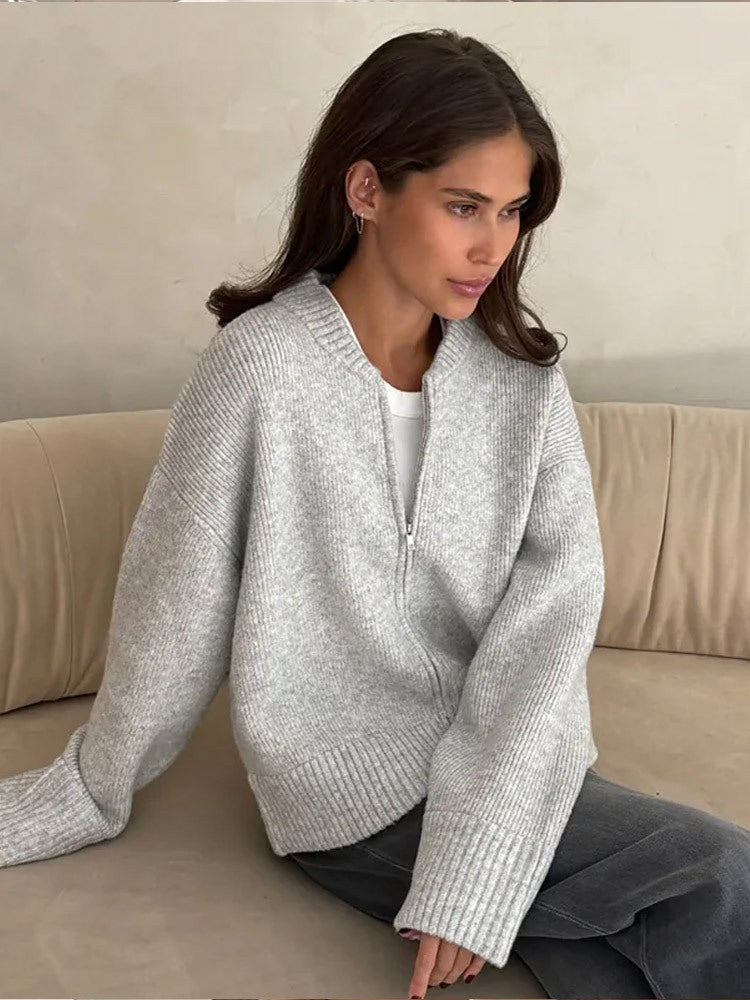 Lila Casual Knit Cardigan with Zip Front in Grey