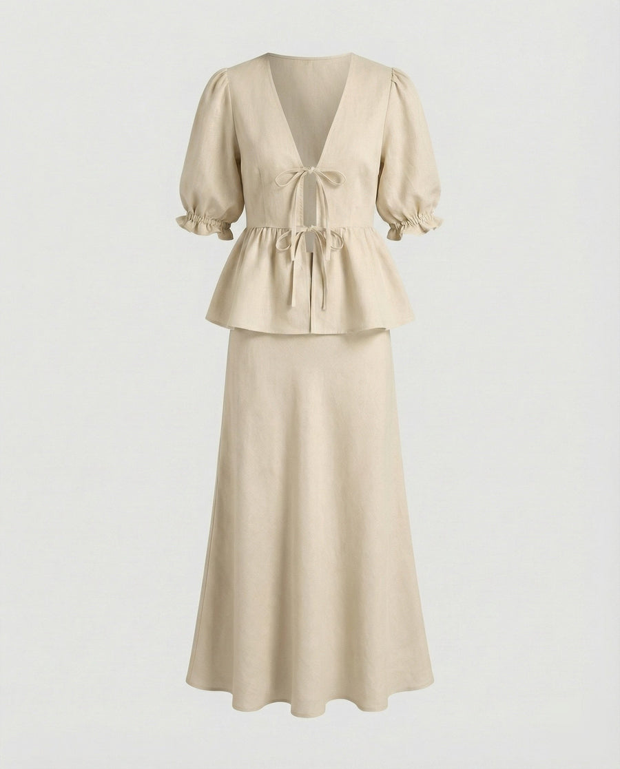 Lilian Elegant Linen Blouse with Fitted in Beige