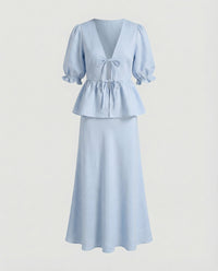 Lilian Elegant Linen Blouse with Fitted in Light Blue