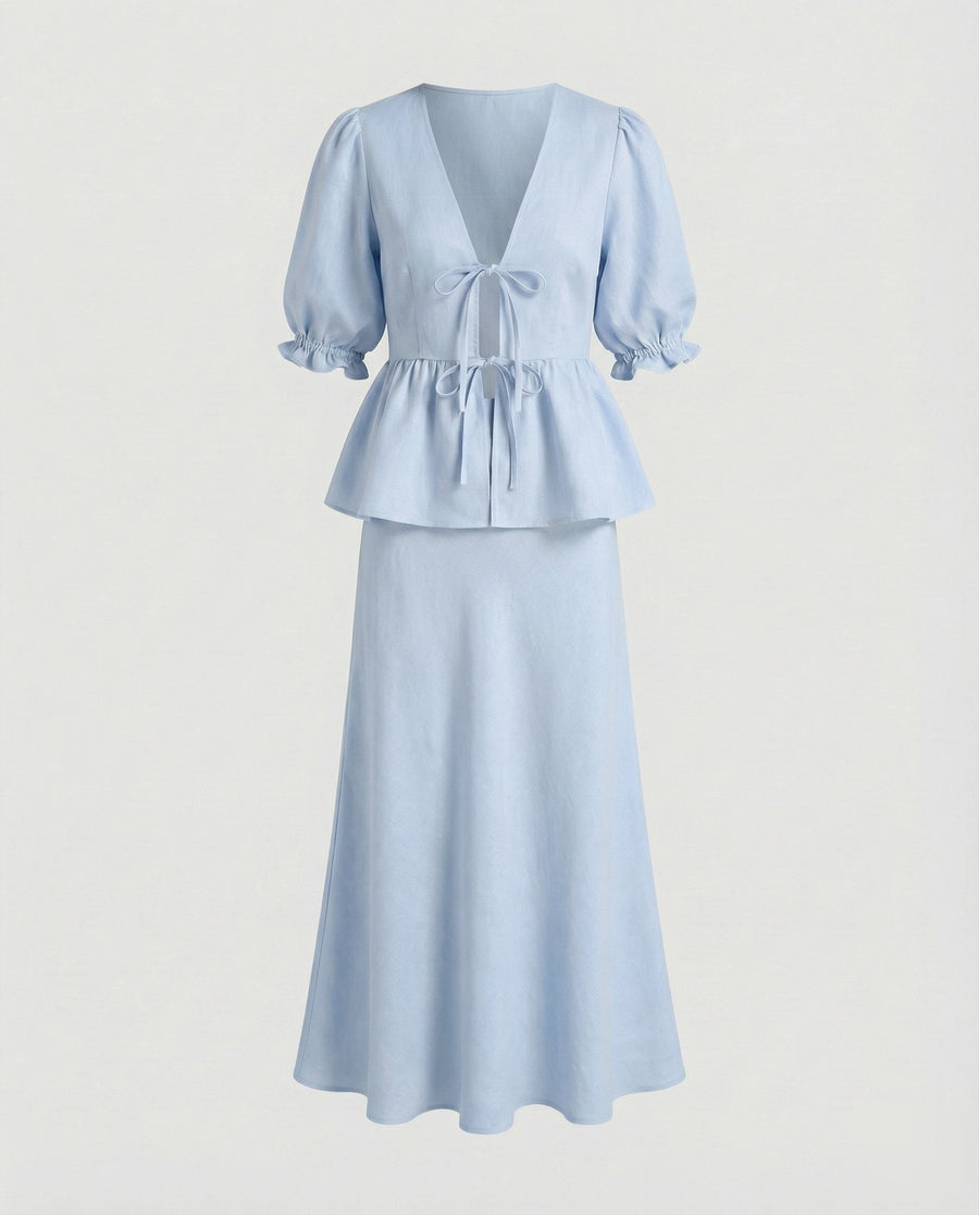Lilian Elegant Linen Blouse with Fitted in Light Blue