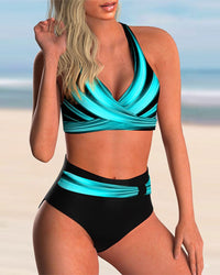 Liliana - Bikini Set with Cross Neckline and Print in Blue/ Black