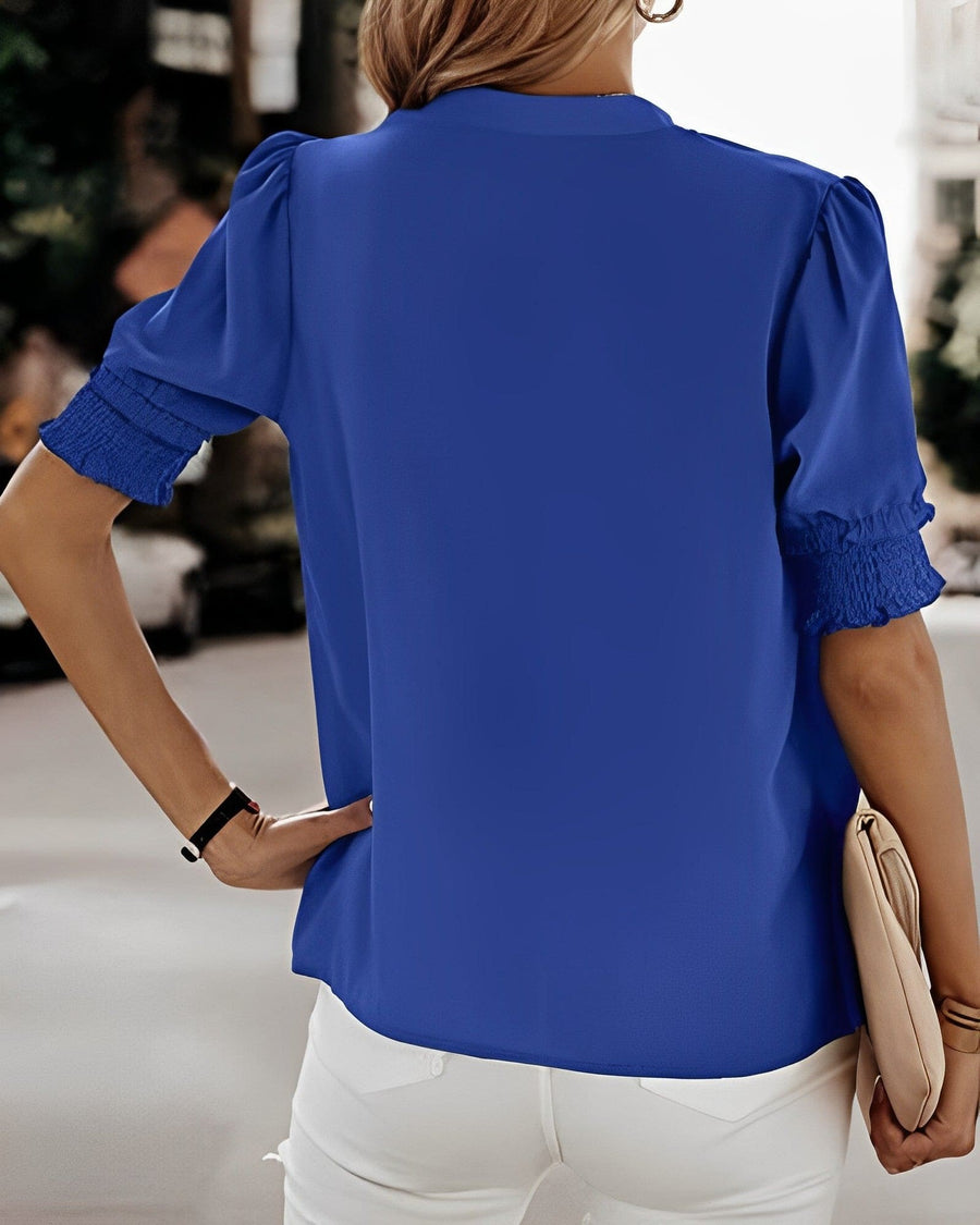 Lily Women's V-Neck Puff Sleeve Chiffon Blouse Short Sleeve in Blue