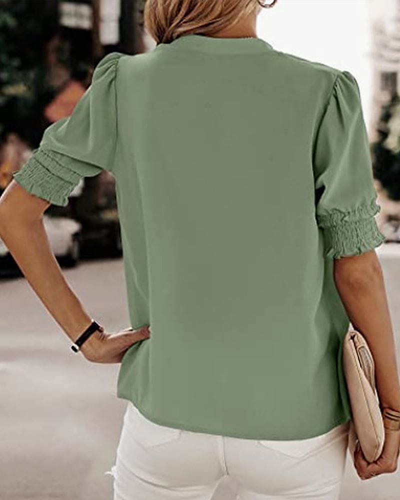 Lily Women's V-Neck Puff Sleeve Chiffon Blouse Short Sleeve in Green