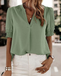 Lily Women's V-Neck Puff Sleeve Chiffon Blouse Short Sleeve in Green