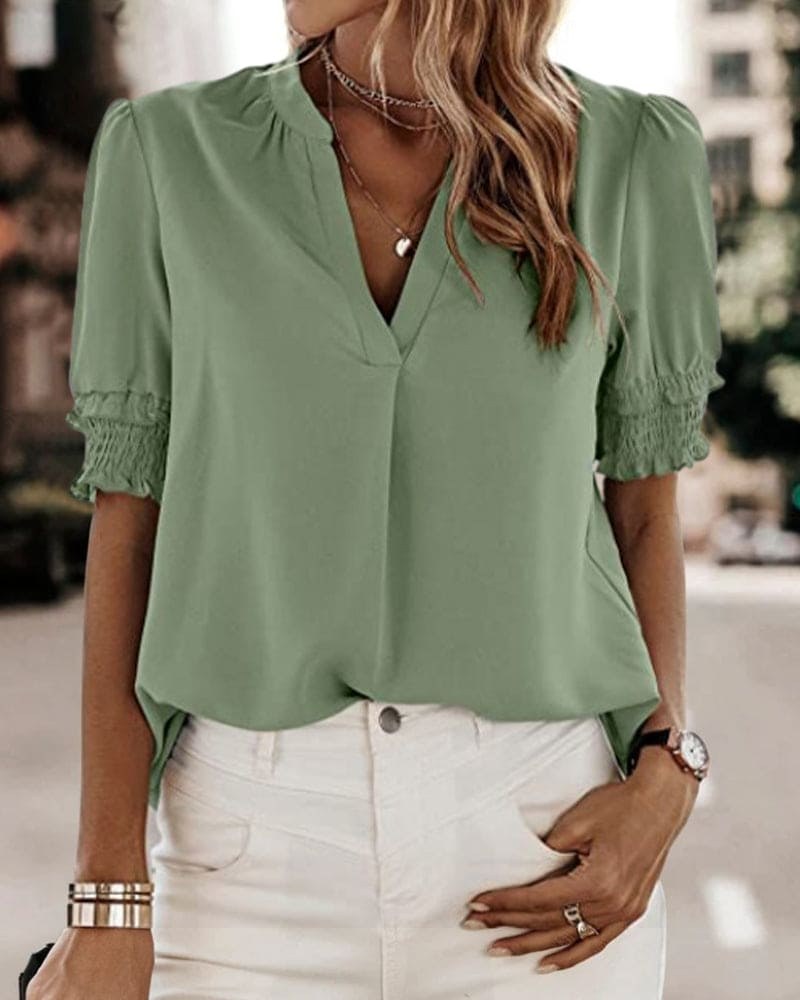 Lily Women's V-Neck Puff Sleeve Chiffon Blouse Short Sleeve in Green