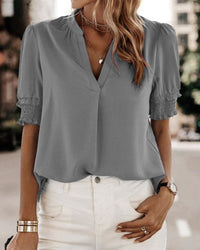 Lily Women's V-Neck Puff Sleeve Chiffon Blouse Short Sleeve in Grey