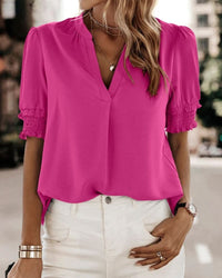 Lily Women's V-Neck Puff Sleeve Chiffon Blouse Short Sleeve in Pink