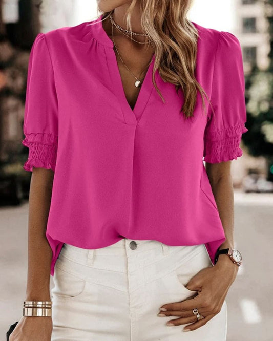 Lily Women's V-Neck Puff Sleeve Chiffon Blouse Short Sleeve in Pink