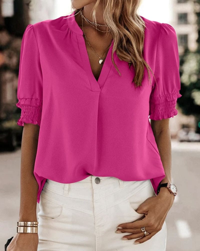 Lily Women's V-Neck Puff Sleeve Chiffon Blouse Short Sleeve in Pink