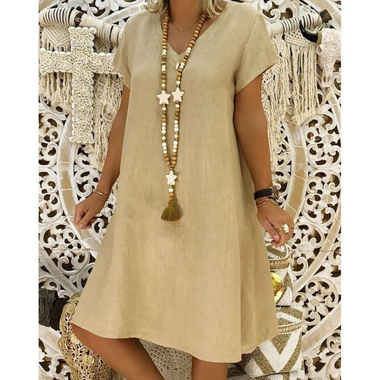 Agnes | Women's Linen A-Line V-Neck Short Sleeve Summer Mini Dress
