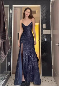 Linnea Elegant Evening Dress with Side Split in Navy