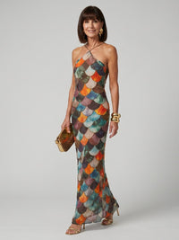 Linnea Women's Scale Print Halter Maxi Dress in Geometric