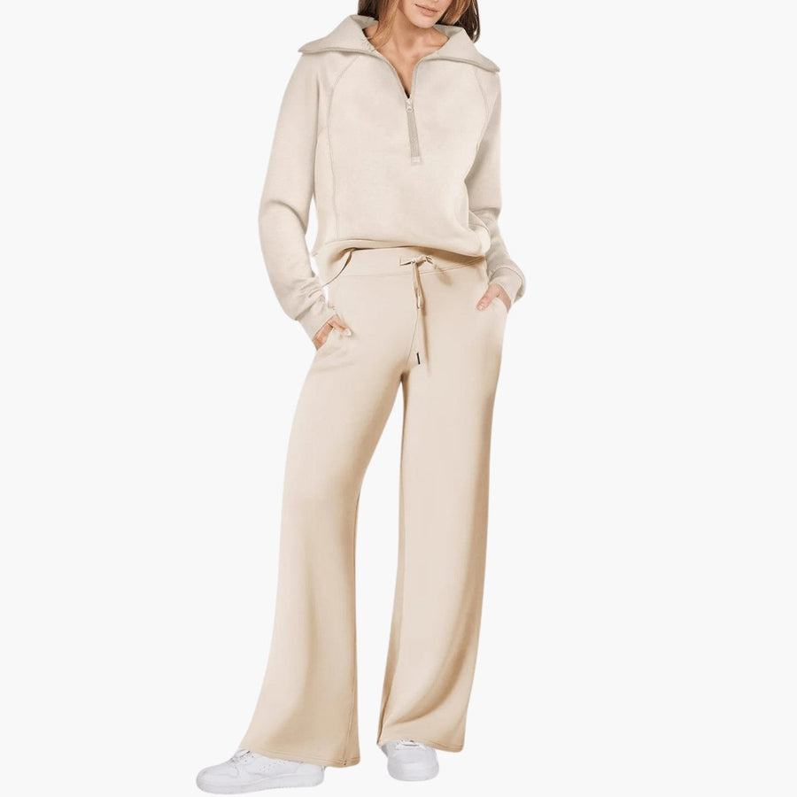 Liora Women's Zip-Up Hoodie Wide Leg Lounge Set in Beige