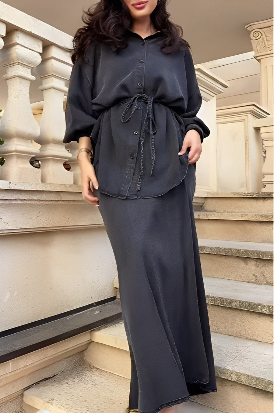 Lisa™ Long-sleeved Tie-Drawstring Shirt and Skirt Set in Black