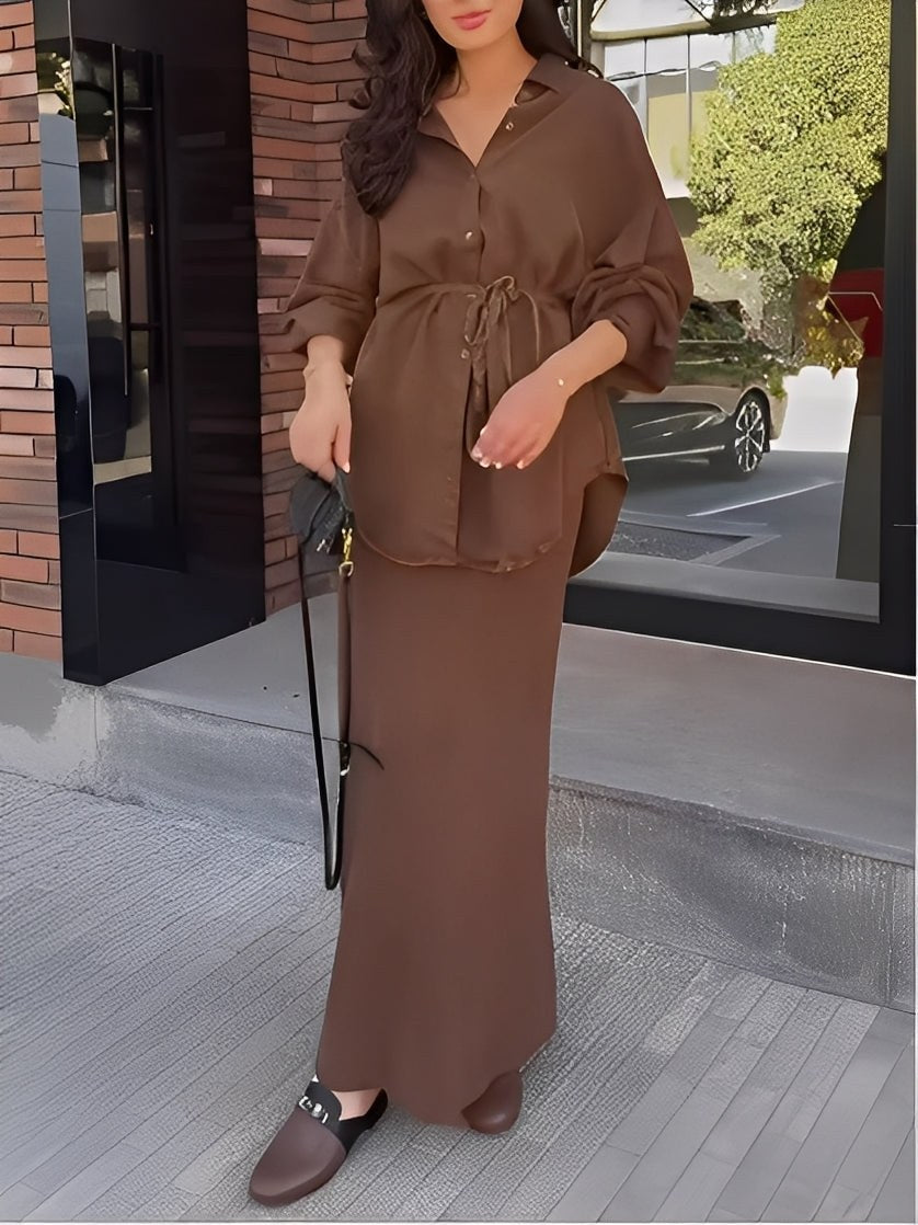 Lisa™ Long-sleeved Tie-Drawstring Shirt and Skirt Set in Brown