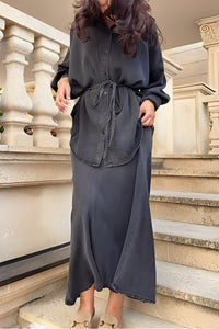 Lisa™ Long-sleeved Tie-Drawstring Shirt and Skirt Set in Light Green
