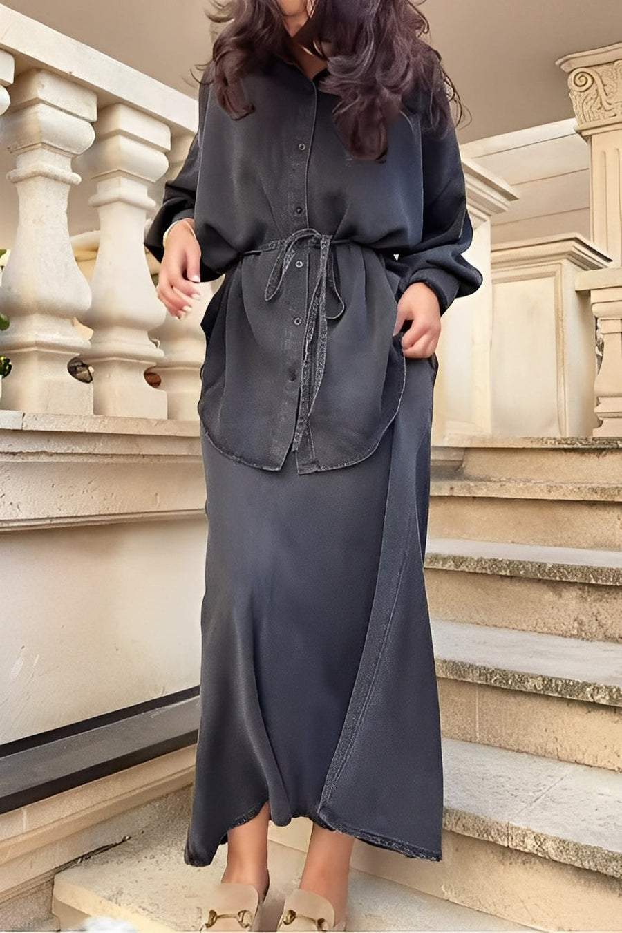 Lisa™ Long-sleeved Tie-Drawstring Shirt and Skirt Set in Light Green