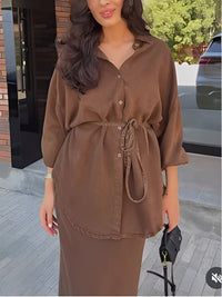 Lisa™ Long-sleeved Tie-Drawstring Shirt and Skirt Set in Light Green