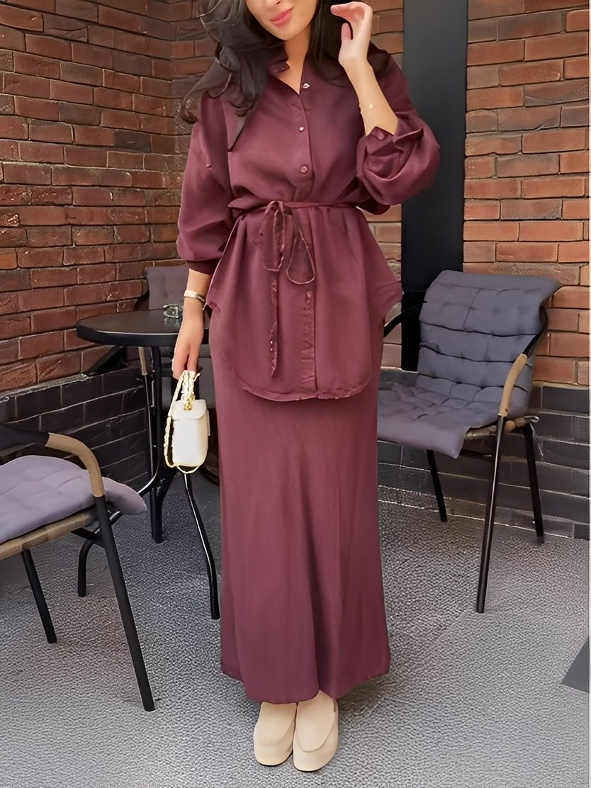 Lisa™ Long-sleeved Tie-Drawstring Shirt and Skirt Set in Red