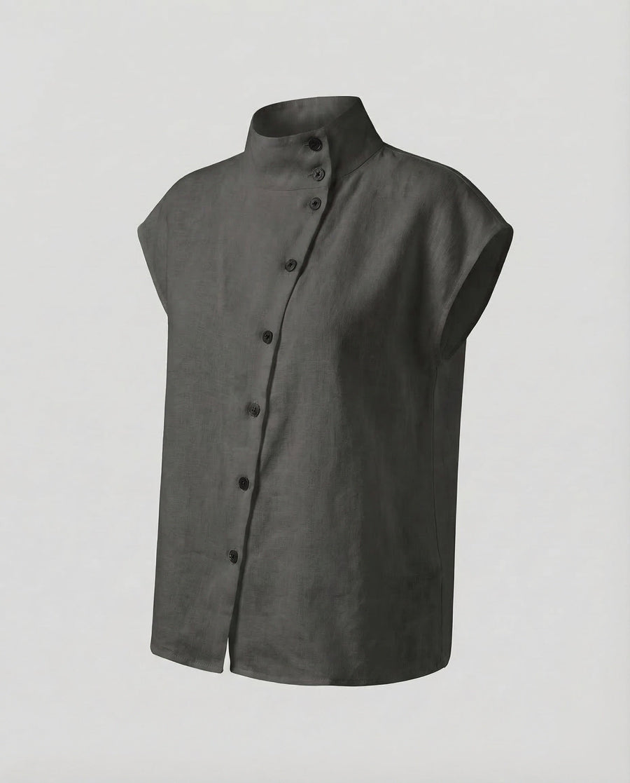 Liv Linen Blouse with Stand Collar in Black